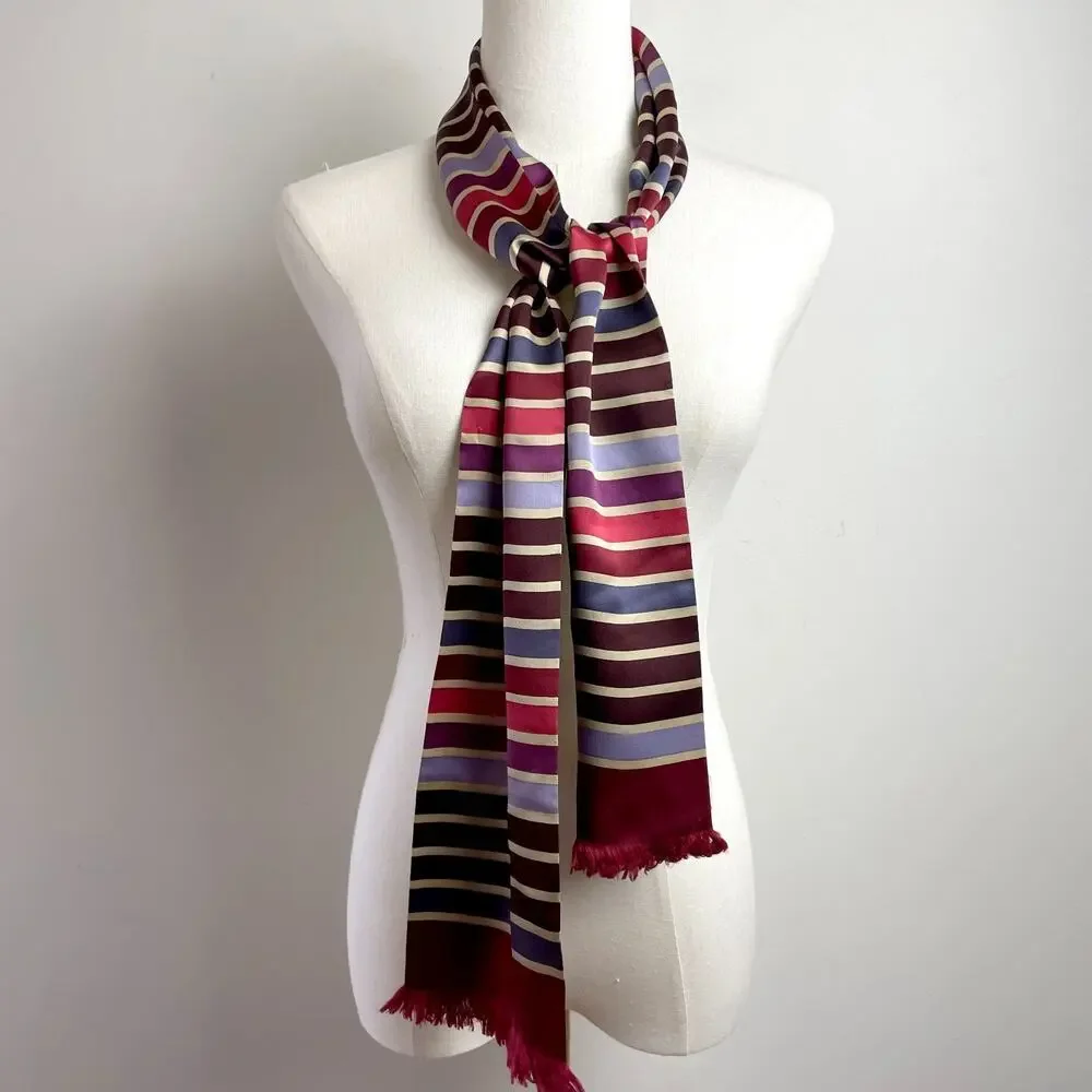 Vintage 90s Echo Silk Scarf Rectangle Satin Striped Jewel Tones Fringe‎ Burgundy